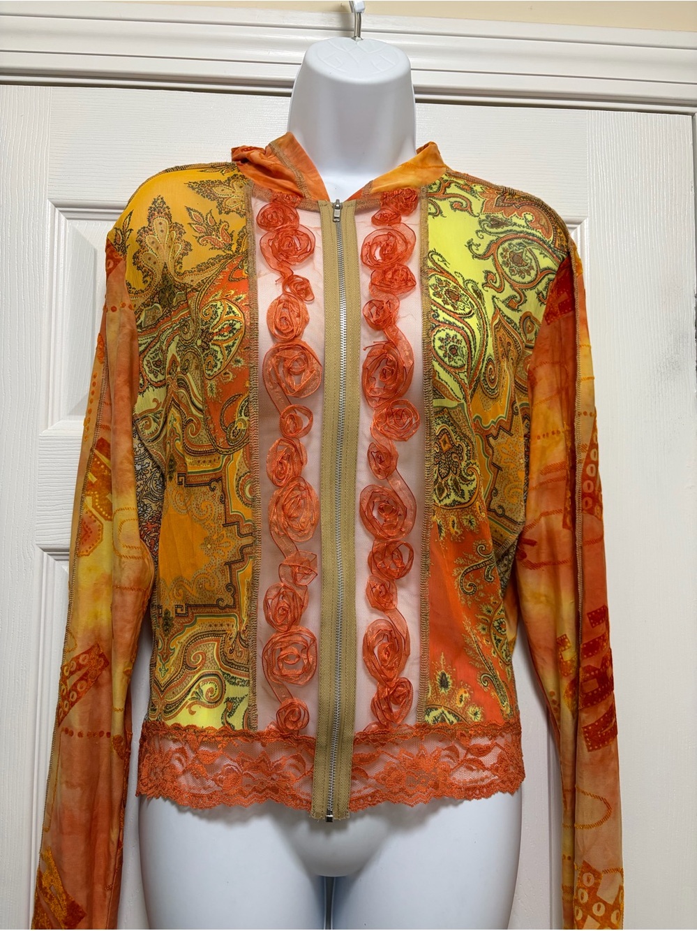Orange Paisley Floral Trim Zip-Up Hoodie
One of A Kind